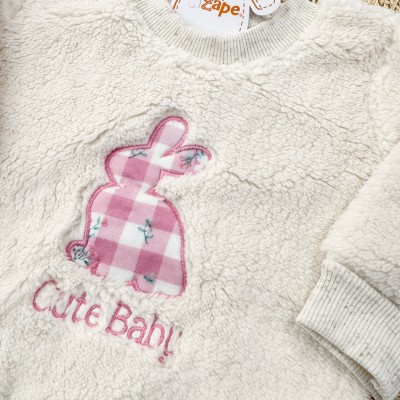 Conj. Casaco de Pelinho Coelho Cute Baby e Calça Xadrez com Florzinhas - Areia e Rose